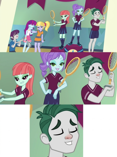 Size: 896x1200 | Tagged: safe, ai generated, generator:gemini, cloudy kicks, crystal lullaby, indigo wreath, marco dafoy, melon mint, mystery mint, human, equestria girls, background human, crystal prep academy students, duo, female, image, male, nose job, png, pose, smug, trophy, ugly, wat, weird