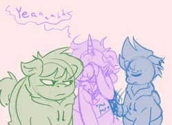 Size: 2048x1493 | Tagged: safe, artist:chronicallyorange, derpibooru import, oc, oc:doodlebug, oc:horseworld tom, oc:tourmaline, ponified, earth pony, pegasus, pony, unicorn, g4, ask, ask-horseworld, clothes, comic, covering face, dialogue, edd gould (eddsworld), eddsworld, folded wings, hoodie, horn, image, jacket, jpeg, male, matt (eddsworld), patting, sitting, stallion, tom (eddsworld), trio, tumblr, wings