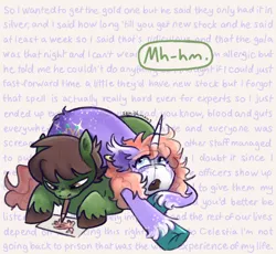Size: 978x900 | Tagged: safe, artist:chronicallyorange, derpibooru import, oc, oc:doodlebug, oc:tourmaline, ponified, earth pony, pony, undead, unicorn, vampire, vampony, g4, ask-horseworld, dialogue, drawing, duo, duo male, edd gould (eddsworld), eddsworld, fangs, horn, image, implied princess celestia, jpeg, male, matt (eddsworld), mouth hold, pencil, stallion