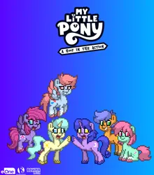 Size: 2352x2672 | Tagged: safe, artist:blazerlight, boulder media, derpibooru import, minty, starsong, wind whistler, oc, oc:dusk hunter, oc:moonglow (a hoof in the action), oc:sundance (a hoof in the action), earth pony, pegasus, pony, unicorn, pony town, g1, g3, g5, blazerlight productions, boulder media logo, concept, derpibooru exclusive, earth pony oc, eone, g1 to g5, g3 to g5, generation leap, gradient background, horn, image, logo, long description, looking at you, mane six (a hoof in the action), my little pony logo, my little pony: a hoof in the action, png, spread wings, unicorn oc, wings