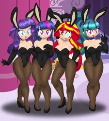 Size: 1272x1413 | Tagged: suggestive, artist:danmakuman, artist:ponyguy67, derpibooru import, rarity, sonata dusk, sunset shimmer, twilight sparkle, twilight sparkle (alicorn), alicorn, human, equestria girls, g4, armpits, black leotard, blushing, breasts, bunny ears, bunny suit, cleavage, clothes, evening gloves, female, females only, gloves, group, high heels, human coloration, image, legwear, leotard, long gloves, pantyhose, png, quartet, shoes, story included, tights