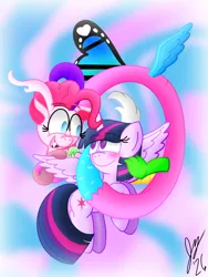 Size: 1620x2160 | Tagged: safe, artist:jesslmc16, derpibooru import, pinkie pie, twilight sparkle, twilight sparkle (alicorn), alicorn, draconequus, pony, g4, blushing, draconequified, duo, duo female, female, flying, horn, horns, image, lesbian, looking at each other, looking at someone, mare, pinkonequus, png, shipping, smiling, species swap, spread wings, twinkie, wings