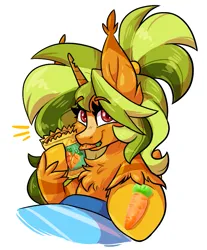 Size: 823x993 | Tagged: safe, artist:triadichues, derpibooru import, oc, oc:carotene, unofficial characters only, pegasus, pony, :3, blanket, candy, carrot, cheek fluff, coat marking, colored hooves, ear fluff, eyebrows, eyebrows visible through hair, eyelashes, fake horn, female, folded wings, food, hair tie, hooves, image, long mane, looking at you, mare, mare oc, multicolored hair, png, ponytail, raised hoof, reaching, signature, simple background, smiling, solo, unshorn fetlocks, white background, wings