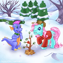 Size: 1280x1280 | Tagged: safe, artist:horse-time-babey, derpibooru import, master kenbroath gilspotten heathspike, minty, dragon, earth pony, pony, g3, a charlie brown christmas, christmas, christmas tree, clothes, duo, duo male and female, female, holiday, image, jpeg, male, mare, peanuts (comic), scarf, snow, snowflake, tree