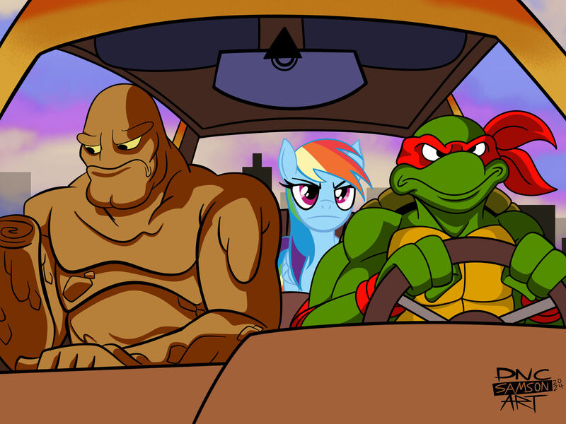 Size: 1600x1200 | Tagged: safe, artist:dncsamsonart, derpibooru import, rainbow dash, pegasus, pony, turtle, g4, basil karlo, car, clay, clayface, crossover, dc comics, driving, female, goofy movie meme, harley quinn (2019), image, jpeg, male, mare, meme, missing hand, mutant, ninja, raphael, teenage mutant ninja turtles, trio, vehicle