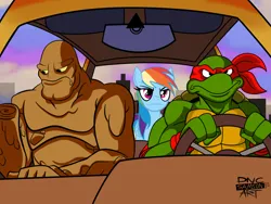 Size: 1600x1200 | Tagged: safe, artist:dncsamsonart, derpibooru import, rainbow dash, pegasus, pony, turtle, g4, basil karlo, car, clay, clayface, crossover, dc comics, driving, female, goofy movie meme, harley quinn (2019), image, jpeg, male, mare, meme, missing hand, mutant, ninja, raphael, teenage mutant ninja turtles, trio, vehicle