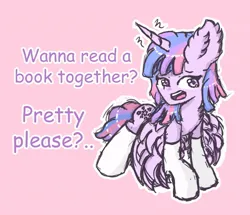 Size: 867x744 | Tagged: safe, artist:tlight, derpibooru import, twilight sparkle, twilight sparkle (alicorn), alicorn, pony, g4, book, bookhorse, chest fluff, clothes, colored, colored sketch, colored text, derpibooru exclusive, ear fluff, female, fluffy, horn, image, jpeg, mare, messy, no pupils, open mouth, pink background, romantic, simple background, sketch, socks, solo, sticker design, text, white socks