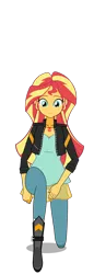 Size: 484x1400 | Tagged: safe, artist:horsecat, artist:mymans76, derpibooru import, sunset shimmer, human, equestria girls, g4, boots, clothes, cyan eyes, denim, dress, female, friendship games outfit, game screencap, geode of empathy, humanized, image, jacket, jeans, jewelry, kisekae, kneeling, leather, leather jacket, long hair, looking down, magical geodes, necklace, on one knee, pants, pixel art, png, shoes, smiling, solo, sprite, strip poker night at the inventory, stripping, taking off clothes, two toned hair