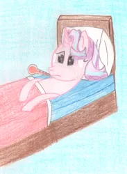 Size: 1576x2152 | Tagged: safe, artist:ragmo, derpibooru import, starlight glimmer, pony, unicorn, g4, bed, bedsheets, blue background, frown, horn, image, laying on bed, lying down, on bed, pillow, png, sick, simple background, thermometer, traditional art
