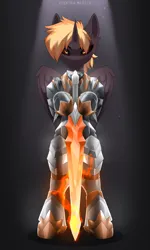 Size: 1682x2808 | Tagged: safe, artist:elektra-gertly, derpibooru import, oc, oc:delta solaris, unofficial characters only, alicorn, pony, abstract background, armor, armored pony, assertive, bipedal, commission, fantasy class, image, knight, looking at you, magic sword, male, plate armor, png, stallion, sword, warrior, weapon, wings, ych result