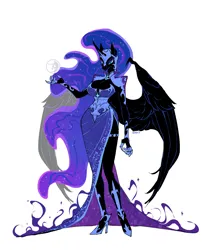 Size: 2172x2572 | Tagged: safe, artist:tomi_ouo, derpibooru import, nightmare moon, alicorn, anthro, g4, breasts, claws, cleavage, clothes, commission, curved horn, dress, full moon, helmet, high heels, horn, image, jpeg, mare in the moon, moon, shoes, simple background, slit pupils, smiling, solo, tangible heavenly object, white background, wing claws, wings