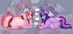 Size: 2048x975 | Tagged: safe, artist:ponyvilleparty, derpibooru import, pinkie pie, twilight sparkle, twilight sparkle (alicorn), alicorn, pony, g4, alternate design, hat, image, jester hat, jpeg, lying down, prone, quadrupedal, quill, scroll, speech bubble
