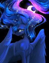 Size: 851x1080 | Tagged: safe, artist:livitoza, derpibooru import, princess luna, alicorn, pony, g4, chest fluff, crescent moon, female, image, jpeg, looking at you, mare, moon, solo, tangible heavenly object