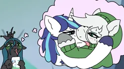 Size: 1242x698 | Tagged: suggestive, artist:emeraldsunshine, derpibooru import, queen chrysalis, shining armor, oc, oc:emerald sunshine, g4, armpit hair, drawing, gay, image, imagination, kissing, male, png, tamers12345, tongue out