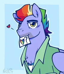 Size: 843x983 | Tagged: safe, artist:awessomest29761, derpibooru import, bow hothoof, pony, g4, bedroom eyes, blue background, blushing, facial hair, heart, image, jpeg, looking at you, male, simple background, stallion