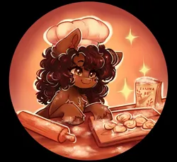 Size: 3500x3200 | Tagged: safe, artist:polnocnykot, derpibooru import, oc, oc:moka, unofficial characters only, earth pony, pony, chef's hat, eyebrows, eyebrows visible through hair, female, flour, hat, high res, image, jpeg, mare, rolling pin, smiling, sparkles, unshorn fetlocks