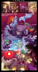 Size: 1724x3280 | Tagged: semi-grimdark, artist:binibean, derpibooru import, applejack, fluttershy, king sombra, maud pie, pinkamena diane pie, pinkie pie, princess celestia, rainbow dash, rarity, spike, starlight glimmer, twilight sparkle, twilight sparkle (alicorn), alicorn, dragon, earth pony, pegasus, pony, sheep, unicorn, g4, the cutie re-mark, alternate timeline, apinkalypse pie, apocalypse dash, arrow, bad end, bleeding, blood, canned food, comic, crying, crystal war timeline, face mask, female, floppy ears, high res, horn, image, implied daybreaker, jpeg, male, mane seven, mane six, mare, mask, misspelling, my little pony, narration, open mouth, rearing, s5 starlight, stallion, torn ear
