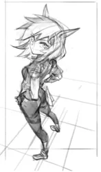 Size: 600x1022 | Tagged: safe, artist:ptcrow, derpibooru import, rainbow dash, human, g4, black and white, concave belly, eared humanization, female, grayscale, humanized, image, jpeg, midriff, monochrome, ribs, simple background, sketch, solo, style emulation, thin, uma musume pretty derby, white background, wip