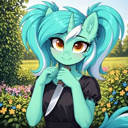 Size: 4704x4704 | Tagged: safe, ai content, ai generated, derpibooru import, generator:yiffymix v64, prompter:thedaren666, stable diffusion, lyra heartstrings, anthro, unicorn, g4, ai composition, alternate hairstyle, black dress, blushing, breasts, clothes, dress, ear fluff, eyebrows, female, flower, fluffy, garden, holding something, horn, image, jpeg, kitchen knife, knife, looking at you, outdoors, pigtails, puffy sleeves, raised hand, signature, sky, smiling, smiling at you, solo, suspicious, twintails
