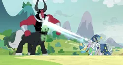Size: 2026x1080 | Tagged: safe, composite screencap, derpibooru import, edit, edited screencap, editor:pascalmulokozi2, screencap, flash magnus, lord tirek, meadowbrook, mistmane, rockhoof, somnambula, star swirl the bearded, centaur, earth pony, minotaur, taur, unicorn, g4, season 9, the ending of the end, spoiler:s09, angry, beard, blast, border, canterlot, cloud, equestria, ethereal mane, ethereal tail, evil grin, evil laugh, facial hair, female, grin, group, horn, image, laughing, magic, male, mask, mountain, my little pony, pillars of equestria, png, smiling, sorcerer, tail