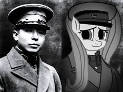 Size: 1072x800 | Tagged: safe, artist:zhuchina, derpibooru import, fluttershy, human, pegasus, pony, g4, 1920s, black and white, clothes, grayscale, hat, image, military uniform, monochrome, officer, old art, photo, png, soldier, solo, uniform