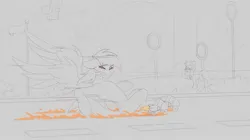 Size: 1355x759 | Tagged: safe, artist:strafe blitz, derpibooru import, rainbow dash, spitfire, pegasus, pony, g4, brake failure, braking, breasts, butt, cloudsdale, commission, commissioner:charlydasher, concave belly, confused, delicious flat chest, draft, eyes closed, female, fire, floppy ears, gritted teeth, human shoulders, image, in pain, jpeg, large wings, literal butthurt, looney tunes, mare, my little pony, outdoors, pain, parody, plot, rocket power, roller skates, round chest, shocked, skates, sketch, slender, spread wings, tail, tail of fire, teeth, that's gonna leave a mark, thin, this is going to hurt, this will end in pain, this will end in tears, wile e coyote, wings, wip