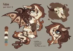 Size: 1314x918 | Tagged: safe, artist:cowboypony, derpibooru import, oc, unofficial characters only, bat pony, cow, beige, brown, cowprint, flower, flower in hair, heterochromia, image, jpeg, long hair, nature, pattern, plants, reference sheet, simple background, skull, solo, spots, tail, text