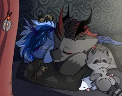 Size: 2800x2200 | Tagged: safe, artist:pegacousinceles, derpibooru import, king sombra, princess luna, alicorn, bat, butterfly, insect, opossum, pony, raccoon, spider, umbrum, unicorn, g4, (outdated)au:war never ends, female, horn, image, male, pillow, png, ship:lumbra, shipping, sleeping, sleeping together, straight