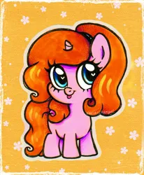 Size: 1455x1765 | Tagged: safe, artist:dariarchangel, derpibooru import, oc, oc:dazha, pony oc, unofficial characters only, pony, unicorn, g4, :p, abstract background, adorable face, blue eyes, chibi, cute, cute smile, cutie pie, dazhabetes, female, female oc, flower, full body, ginger hair, ginger mane, ginger tail, heart, heart eyes, horn, image, jpeg, mare, mare oc, mixed media, ocbetes, orange hair, orange mane, orange tail, passepartout, pink coat, shortie, smiling, smol, solo, standing, tail, tongue out, unicorn oc, weapons-grade cute, wingding eyes