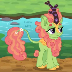 Size: 894x894 | Tagged: safe, alternate version, artist:cloudy glow, derpibooru import, tree hugger, kirin, g4, female, image, jpeg, kirinified, river, solo, species swap, stream, water