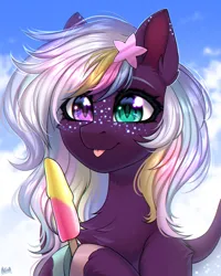 Size: 1800x2250 | Tagged: safe, artist:hakaina, derpibooru import, oc, unofficial characters only, bat pony, pony, :p, bat pony oc, chest fluff, ear fluff, food, heterochromia, hoof hold, image, outdoors, png, popsicle, signature, solo, tongue out, unshorn fetlocks