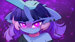 Size: 2560x1440 | Tagged: safe, artist:caoscore, derpibooru import, trixie, oc, oc:flawless sparklemoon, anthro, unicorn, g4, bust, chest fluff, clothes, ear piercing, earring, female, female oc, floppy ears, fusion, fusion:trixie, fusion:twilight sparkle, fusion:twixie, head pat, horn, image, jewelry, looking at you, pat, piercing, png, portrait, starry eyes, wingding eyes