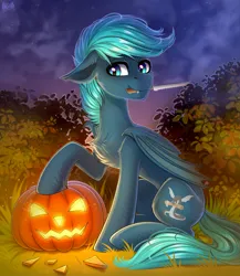 Size: 2600x3000 | Tagged: safe, artist:hakaina, derpibooru import, oc, unofficial characters only, bat pony, pony, chest fluff, concave belly, fluffy, folded wings, halloween, holiday, image, jack-o-lantern, knife, lighting, male, mouth hold, outdoors, png, pumpkin, signature, slender, solo, stallion, thin, wings