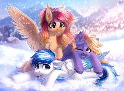Size: 4100x3000 | Tagged: safe, artist:hakaina, derpibooru import, oc, oc:cosmic blaze, oc:nova rossi, oc:saphirblau, unofficial characters only, pegasus, pony, chest fluff, colored wings, cute, female, forest, image, male, mare, mountain, multicolored wings, nature, ocbetes, open mouth, open smile, outdoors, playing, png, scenery, signature, smiling, snow, spread wings, stallion, tree, trio, wings, winter