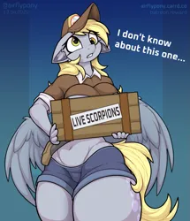 Size: 1379x1600 | Tagged: suggestive, artist:airfly-pony, derpibooru import, derpy hooves, anthro, pegasus, g4, 2026, belly button, box, breasts, female, hat, image, mailmare hat, mailmare uniform, mailpony, package, patreon, patreon reward, png, polo shirt, solo, solo female, strategically covered, text, this will not end well