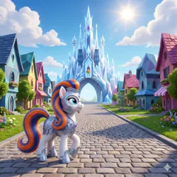 Size: 2048x2048 | Tagged: safe, ai generated, generator:nanobanana, prompter:iwtcipp, oc, oc:pipette, unofficial characters only, earth pony, pony, armor, bush, castle, cloud, day, earth pony oc, female, flower, grass, house, image, mare, outdoors, photorealistic, plant, png, raised hoof, realistic, sky, solo, standing, standing on three hooves, stone, stone path, tree, watermark
