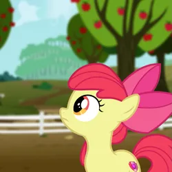 Size: 827x827 | Tagged: safe, derpibooru import, apple bloom, earth pony, pony, g4, adorabloom, apple bloom's bow, apple bloom's cutie mark, blurry background, bow, cute, cutie mark, exploitable meme, female, filly, foal, hair bow, image, meme, png, solo, solo female, sweet apple acres, the cmc's cutie marks