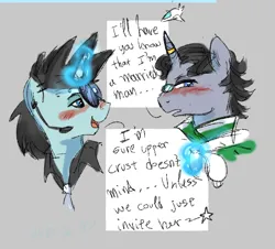 Size: 1020x922 | Tagged: safe, artist:aurxaixaiii, derpibooru import, jet set, neon lights, rising star, pony, unicorn, g4, bisexual male, bisexuality, blue eyes, bust, clothes, collared shirt, cyan coat, dark gray mane, dialogue, dialogue box, duo, duo male, engagement ring, gray coat, horn, horn ring, image, implied upper crust, jewelry, magic, magic aura, male, males only, my little pony, necktie, png, ring, shirt, simple background, stallion, telekinesis