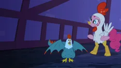 Size: 1280x720 | Tagged: safe, artist:ebotizer, screencap, pinkie pie, bird, chicken, cockatrice, earth pony, pony, luna eclipsed, stare master, animal costume, chicken pie, chicken suit, clothes, costume, image, jpeg