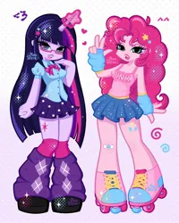 Size: 1440x1800 | Tagged: safe, artist:melltecl4, derpibooru import, pinkie pie, twilight sparkle, equestria girls, g4, arm warmers, bandage, clothes, cutie mark, duo, duo female, female, floating heart, glasses, heart, heart eyes, horn, image, jpeg, leg warmers, legwear, polka dot background, polka dots, reading glasses, roller skates, signature, simple background, skates, skirt, socks, sparkles, stars, stars in hair, tanktop, unicorn horn, wingding eyes