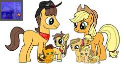 Size: 1280x667 | Tagged: safe, artist:wyattaulgur, derpibooru import, applejack, caramel, oc, unnamed oc, earth pony, pony, g4, applejack's hat, baby, baby pony, colt, cowboy hat, family, female, filly, foal, hat, image, looking at each other, looking at someone, male, mare, missing cutie mark, offspring, parent:applejack, parent:caramel, parents:carajack, png, sash, ship:carajack, shipping, simple background, smiling, smiling at each other, stallion, straight, white background