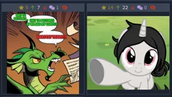 Size: 470x265 | Tagged: safe, artist:edy_january, derpibooru import, editor:edy_january, part of a set, blacktip, dragon, pony, unicorn, derpibooru, twibooru, g4, angry, ashley graves, bronybait, facial hair, fangs, goatee, green text, horn, horns, image, juxtaposition, looking at you, meta, paper, png, pointing, red eyes, red text, sideburns, smiling, smiling at you, spread wings, text, the coffin of andy and leyley, underhoof, wings