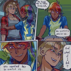 Size: 1014x1010 | Tagged: safe, artist:jennzcc_2, derpibooru import, applejack, rainbow dash, human, fanfic:forfeit the game, g4, appledash, applejack's hat, blushing, boob freckles, breasts, chest freckles, comic, cowboy hat, dialogue, duo, eyebrows, eyebrows visible through hair, fanfic art, female, freckles, hat, human coloration, humanized, image, implied lesbian, implied rainbowdust, implied shipping, jealous, jpeg, lesbian, moderate dark skin, shipping, speech bubble, sweat