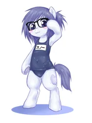 Size: 1003x1337 | Tagged: safe, artist:d7unlimited, derpibooru import, oc, oc:snowday, pony, anime style, clothes, female, glasses, image, jpeg, lowres, mare, moe, one-piece swimsuit, simple background, solo, sukumizu, swimsuit, wet, white background