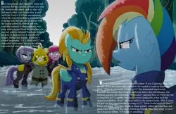 Size: 2500x1617 | Tagged: safe, artist:bearmation, derpibooru import, lightning dust, maud pie, pinkamena diane pie, pinkie pie, rainbow dash, earth pony, pegasus, pony, g4, alternate timeline, apinkalypse pie, apocalypse dash, apocalypse maud, bipedal, care bears, crossover, crossover shipping, crystal war timeline, eyebrows, female, floppy ears, forest, funshine bear, furrowed brow, high res, image, legs in the water, male, mare, narrowed eyes, nature, outdoors, partially submerged, pie sisters, png, raised eyebrow, river, shipping, siblings, sisters, story included, straight, stream, text, torn ear, tree, water