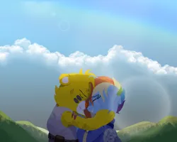 Size: 2500x2000 | Tagged: safe, artist:bearmation, derpibooru import, rainbow dash, pegasus, pony, g4, alternate timeline, apocalypse dash, care bears, crossover, crossover shipping, crystal war timeline, duo, duo male and female, eye scar, eyes closed, facial scar, female, floppy ears, funshine bear, grin, high res, image, male, mare, messy mane, nuzzling, outdoors, png, scar, shipping, smiling, straight, torn ear