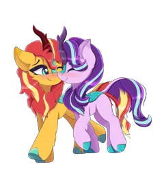 Size: 2682x2833 | Tagged: safe, artist:nnaly, derpibooru import, starlight glimmer, sunset shimmer, kirin, pony, g4, blushing, duo, duo female, eyes closed, female, high res, image, kirin starlight, kirin sunset, kirinified, lesbian, mare, one eye closed, png, quadrupedal, ship:shimmerglimmer, shipping, simple background, smiling, species swap, transparent background