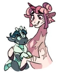 Size: 1280x1584 | Tagged: safe, artist:baylard, derpibooru import, twilight velvet, oc, oc:mimic (baylard), changeling, changepony, hybrid, pony, unicorn, g4, alternate design, colt, female, foal, grandmother and grandchild, grandmother and grandson, horn, image, interspecies offspring, jpeg, male, mare, offspring, parent:queen chrysalis, parent:shining armor, parents:shining chrysalis, scarred, simple background, smiling, white background