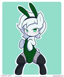 Size: 1714x2048 | Tagged: suggestive, artist:trash art, derpibooru import, oc, oc:emerald sunshine, unofficial characters only, earth pony, pony, blushing, bunny ears, bunny suit, butt, clothes, commission, crotch bulge, femboy, fishnet clothing, fishnets, green background, heart, heart eyes, image, jpeg, legwear, male, passepartout, playboy bunny, simple background, socks, solo, stallion, stockings, thigh highs, wingding eyes