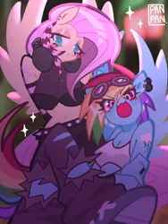 Size: 1536x2048 | Tagged: safe, artist:panpan456, derpibooru import, fluttershy, rainbow dash, anthro, pegasus, g4, alternate cutie mark placement, arm behind back, belly, belly button, blush scribble, blushing, breasts, busty fluttershy, busty rainbow dash, cleavage, clothes, cutie mark, duo, duo female, ear piercing, earring, female, headphones around neck, image, jewelry, looking at you, midriff, open mouth, open smile, pants, piercing, png, ripped pants, shoulder cutie mark, smiling, smiling at you, spiked belt, spread wings, sunglasses, sunglasses on head, torn clothes, wings